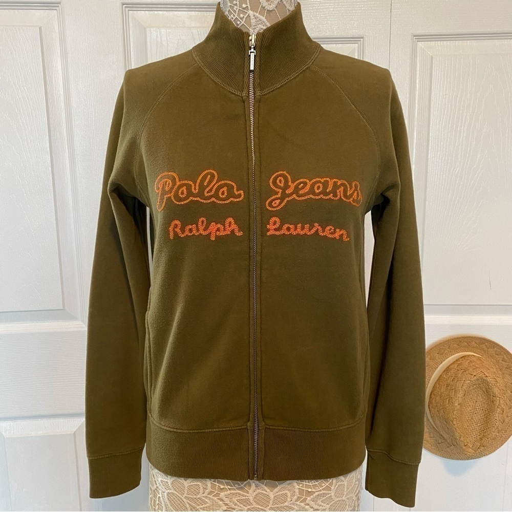 Ralph Lauren Polo Jeans Embroidered Zip-front olive green sweater size Medium